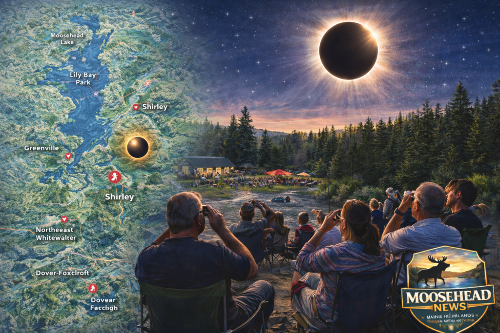 Crowd viewing total solar eclipse at Northeast Whitewater in Shirley Maine with Moosehead Lake region map and Moosehead News logo.