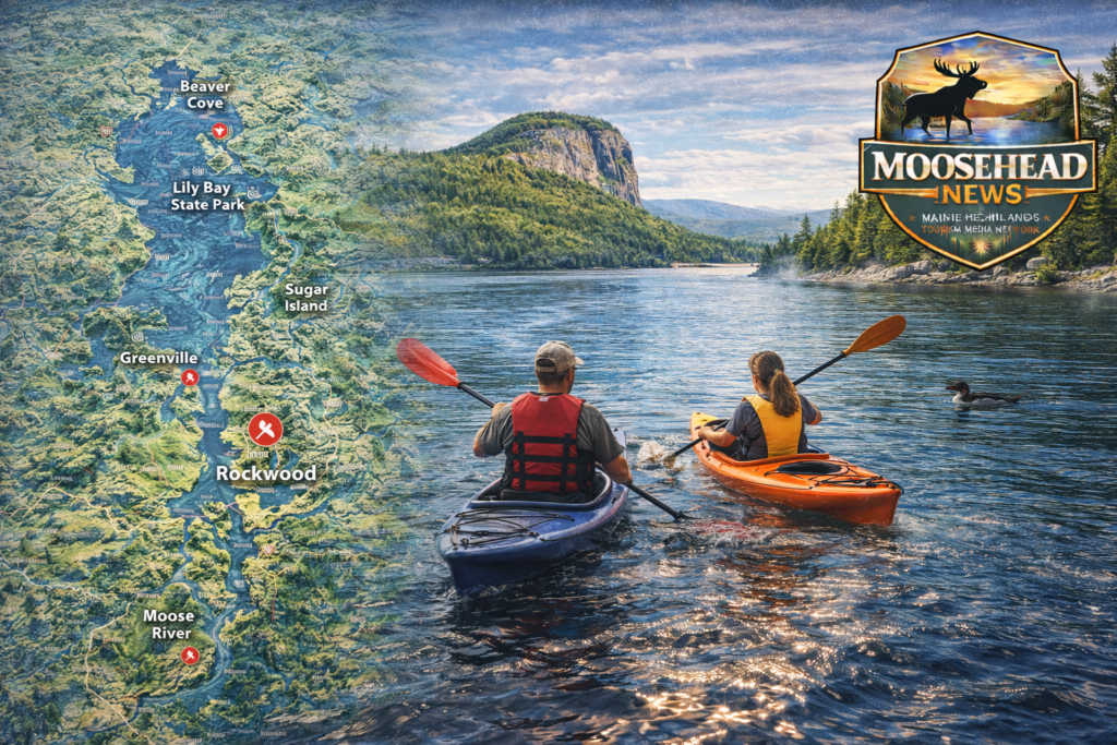 Couple kayaking on Moosehead Lake near Mount Kineo in Rockwood Maine with regional map overlay and Moosehead News logo.