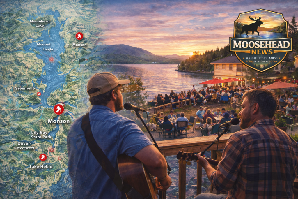 Musicians performing at sunset open mic night at The Lakeshore House on Lake Hebron in Monson Maine with Moosehead region map and Moosehead News logo.