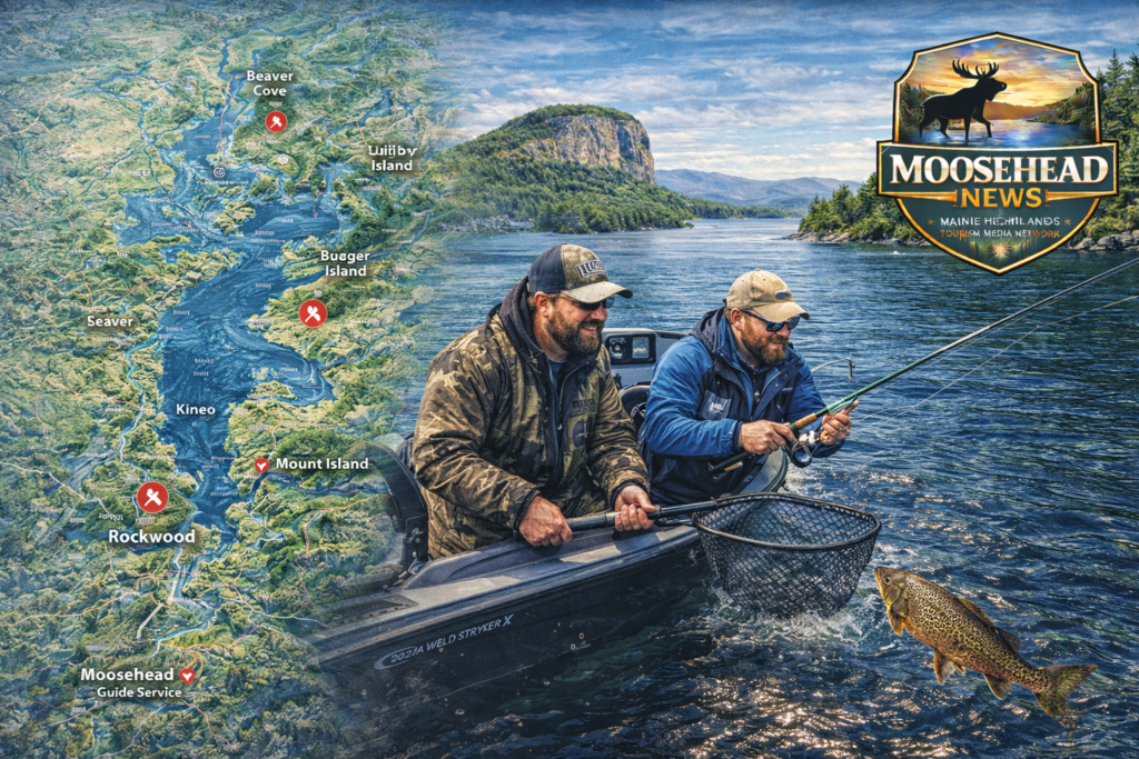 Fishing charter boat on Moosehead Lake in Rockwood Maine with scenic map overlay and Moosehead News logo.