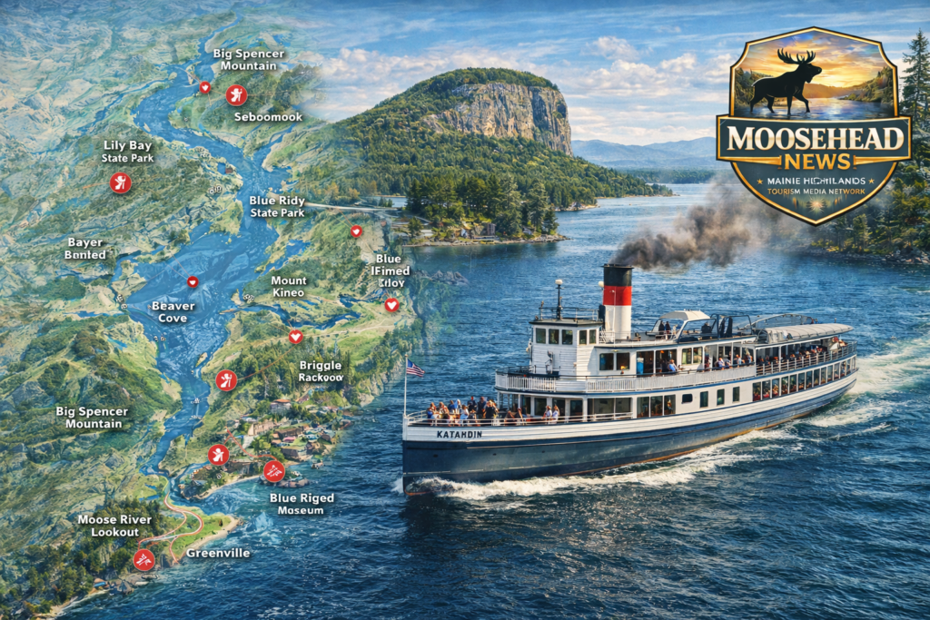 Historic Steamship Katahdin cruising on Moosehead Lake near Mount Kineo with scenic North Woods shoreline and Moosehead News logo.