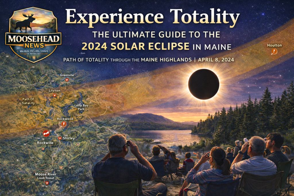 Crowd watching total solar eclipse over Moosehead Lake in Rockwood Maine with Path of Totality map and Moosehead News logo.