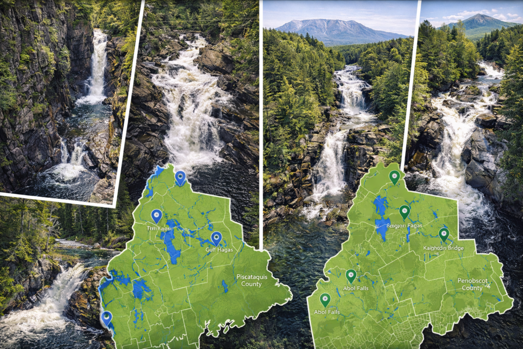 Detailed 16:9 illustrated map of Maine Highlands waterfalls highlighting Gulf Hagas, Katahdin Falls, Abol Falls, Little Wilson Falls, and High Bridge in Piscataquis and Penobscot Counties.