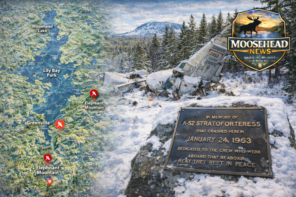 B-52 Memorial crash site on Elephant Mountain near Greenville Maine with Moosehead Lake region map and Moosehead News logo.