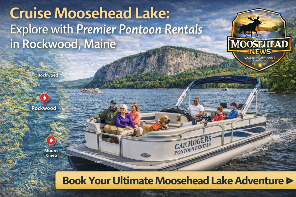 Pontoon boat rental on Moosehead Lake in Rockwood Maine near Mount Kineo featuring Capt. Rogers fleet, clear blue water, and Moosehead News logo.