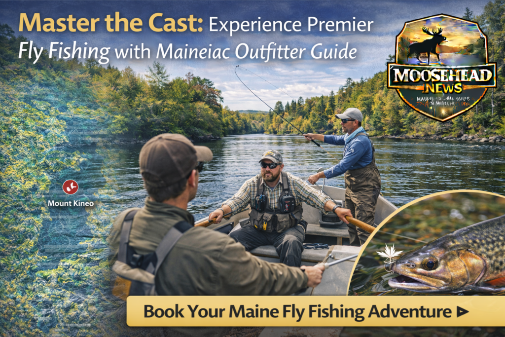Fly fishing drift boat on the East Outlet Kennebec River near Mount Kineo in Moosehead Lake Maine with Maineiac Outfitter Guide Service and Moosehead News logo.