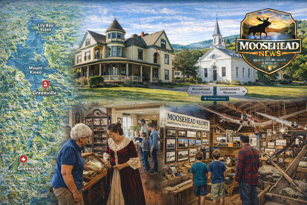 Moosehead Historical Society museums in Greenville Maine featuring Victorian house, aviation exhibits, and Moosehead Lake region map with Moosehead News logo.