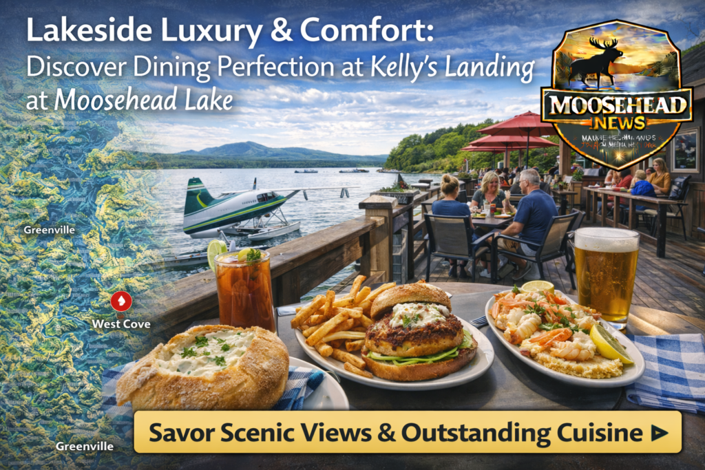 Lakeside dining at Kelly’s Landing in Greenville Junction Maine featuring clam chowder bread bowl, lobster entrée, Maine craft beer, West Cove views, and Moosehead News logo.