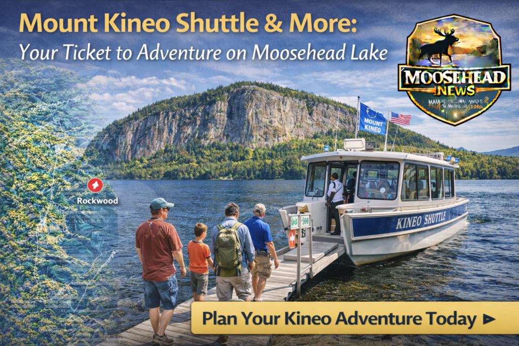 Mount Kineo Shuttle boat departing Rockwood Public Landing on Moosehead Lake with hikers boarding and Mount Kineo cliffs in background, Moosehead News logo visible.
