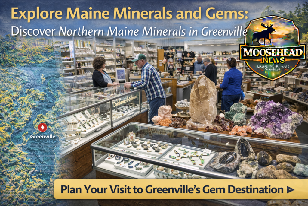 Interior of Northern Maine Minerals in downtown Greenville Maine featuring Maine tourmaline jewelry, amethyst, smoky quartz, fossils, and Moosehead News logo.