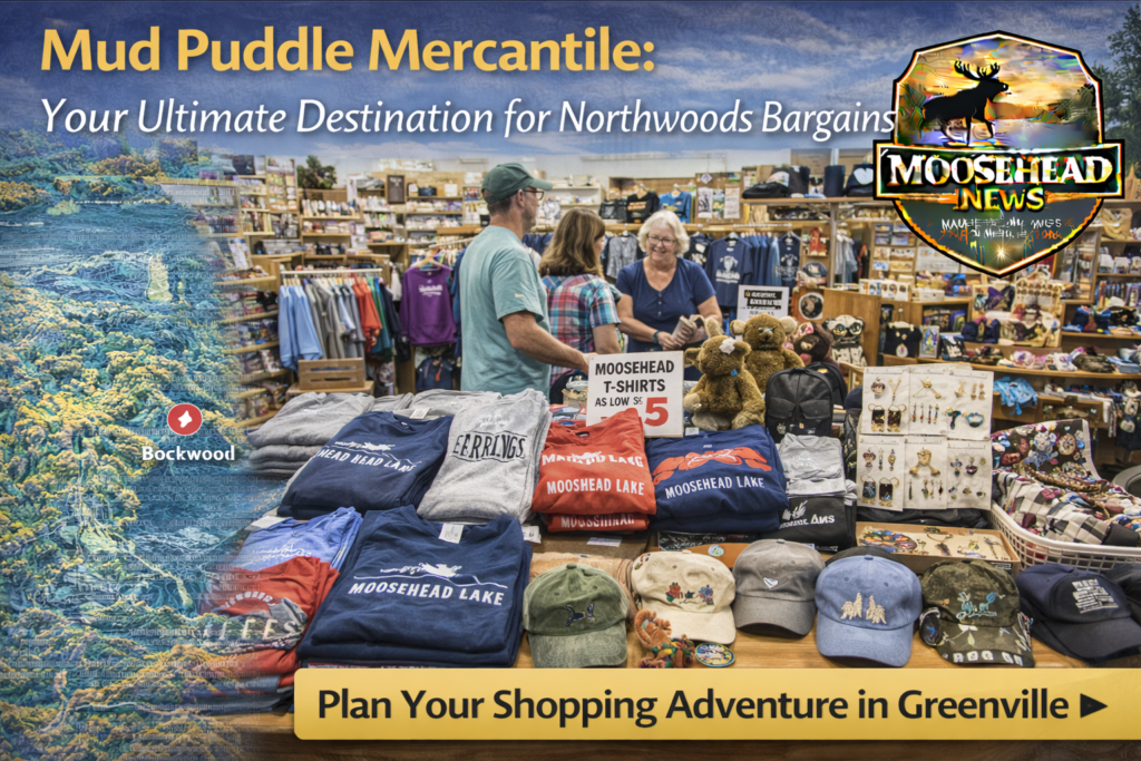 Mud Puddle Mercantile in downtown Greenville Maine featuring Moosehead Lake t-shirts, Northwoods gifts, jewelry displays, and shoppers browsing inside the local souvenir store.