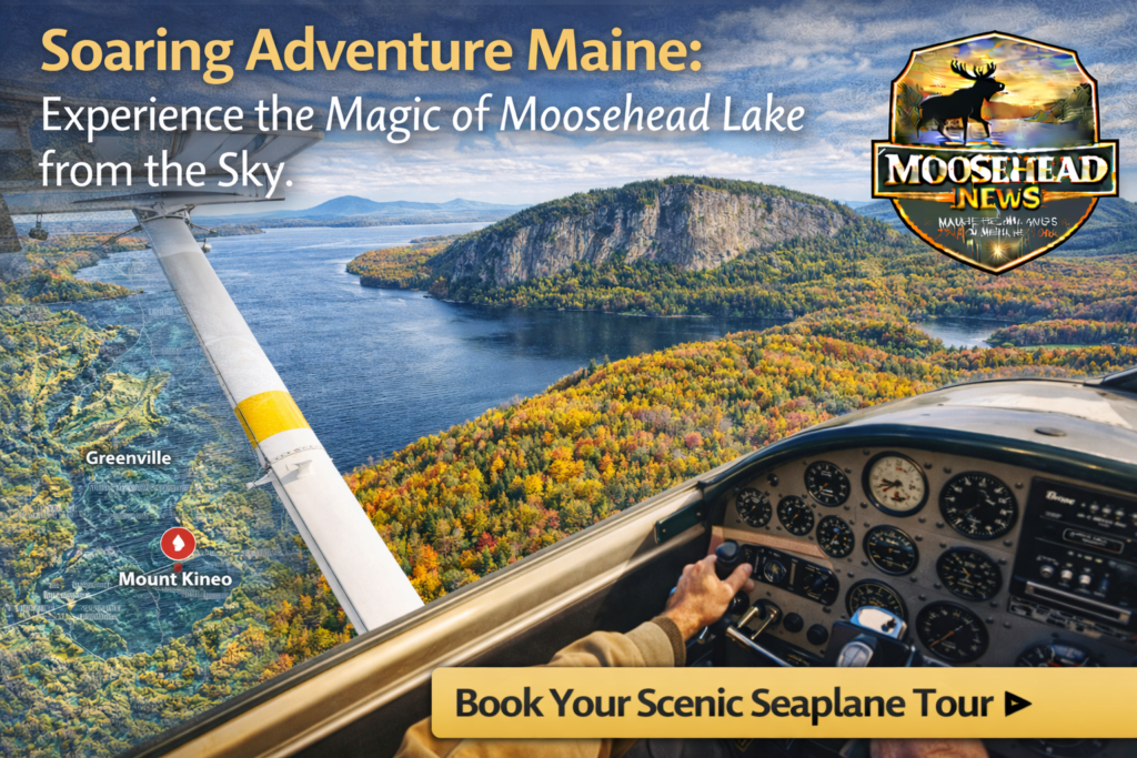 Aerial seaplane cockpit view over Moosehead Lake and Mount Kineo in Maine during fall foliage with Greenville map overlay and Moosehead News logo.