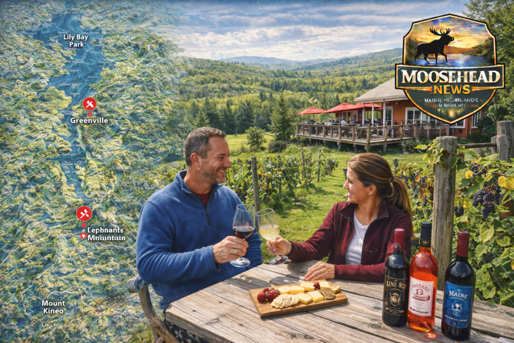 Couple enjoying wine tasting at Spotted Cat Winery in Greenville Maine with vineyard views and Moosehead Lake region map overlay.