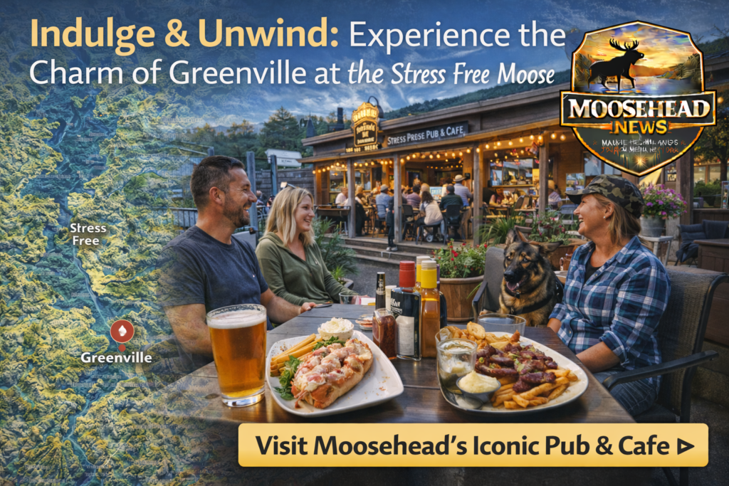 Outdoor dining scene at Stress Free Moose Pub & Café in downtown Greenville Maine with lobster roll, steak tips, Maine craft beer, and Moosehead Lake region map overlay.