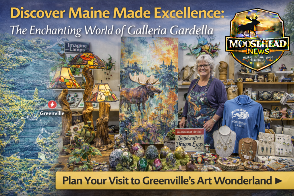 Interior of Galleria Gardella in downtown Greenville Maine featuring Maine-made art, handcrafted dragon eggs, artisan jewelry, custom lamps, and a large moose painting display.