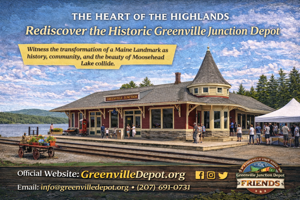 Historic Greenville Junction Railroad Depot in Greenville, Maine, featuring its iconic Victorian “witch’s hat” roof, restored exterior, and visitors enjoying a community event near Moosehead Lake.