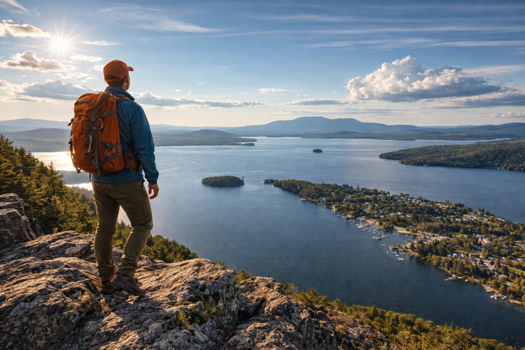 Hiker standing on the summit cliffs of Mount Kineo overlooking Moosehead Lake and the town of Rockwood Maine with expansive North Woods mountain views.