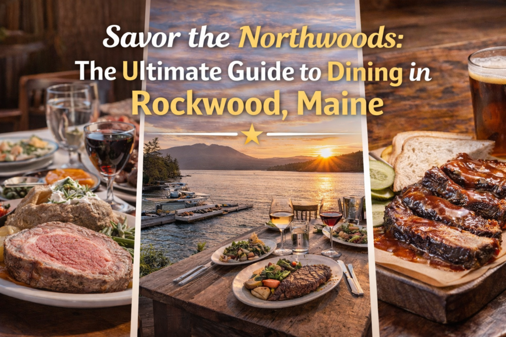 A split-screen marketing image for Moose River Lookout in Rockwood, Maine. The left side shows a couple enjoying a prime rib dinner and craft beers in a rustic wood lodge with a fireplace. The right side features a couple standing on a snowy deck with a tracked ATV/snowmobile, overlooking a frozen Moosehead Lake and the iconic snow-capped peak of Mt. Kineo at sunset.
