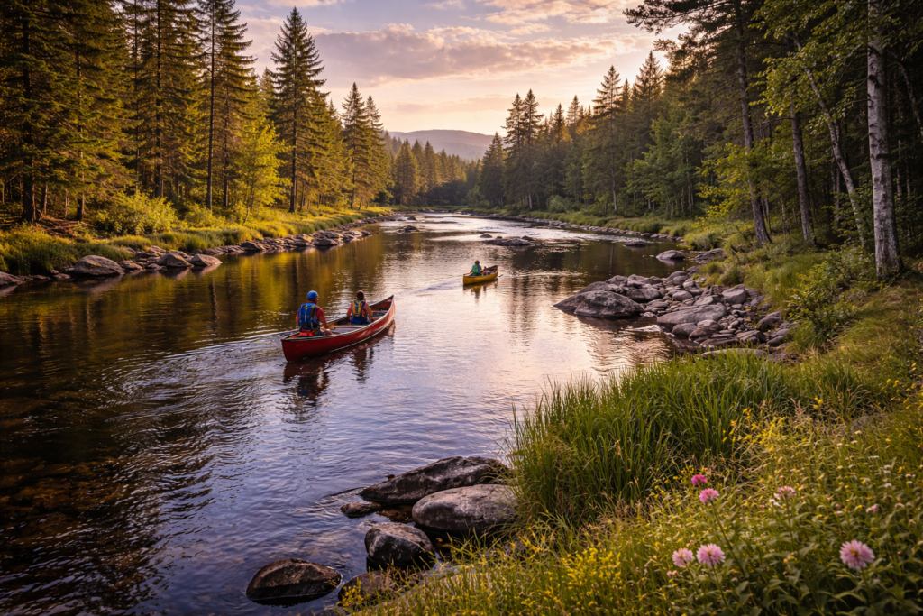 Scenic view of the West Outlet on Moosehead Lake in Maine with calm river water, forested shoreline, and distant mountains under natural summer light
