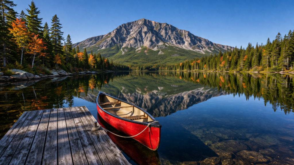 Mount Katahdin reflected in a calm wilderness lake with a red canoe tied to a wooden dock surrounded by evergreen forest and early autumn foliage in Maine.