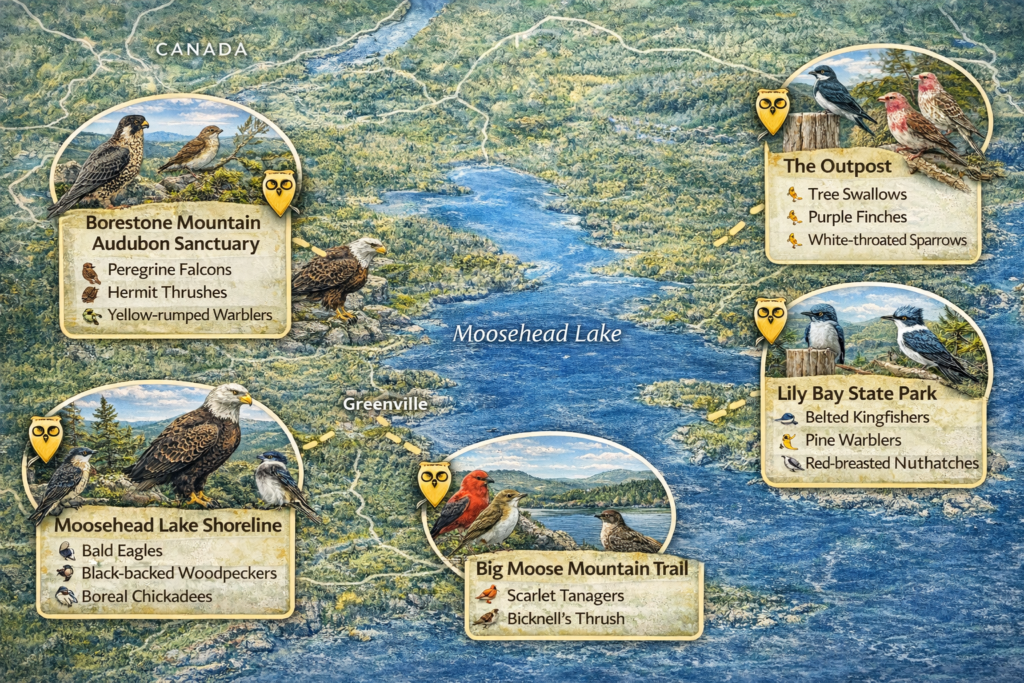 Illustrated map of Moosehead Lake, Maine highlighting top bird watching trails including Borestone Mountain Audubon Sanctuary, Lily Bay State Park, Big Moose Mountain Trail, Moosehead Lake shoreline, and Kokadjo with native birds like loons, eagles, and falcons.