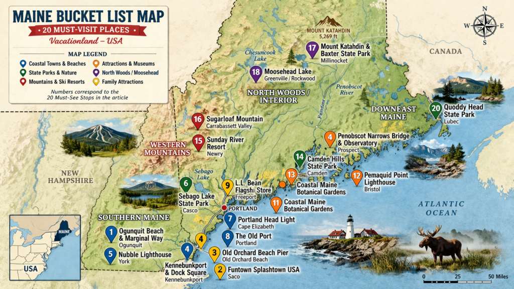Illustrated map of Maine showing 20 must visit destinations including Acadia National Park, Moosehead Lake, Portland Head Light, Sugarloaf Mountain, Camden Hills, Ogunquit Beach, and Quoddy Head State Park.