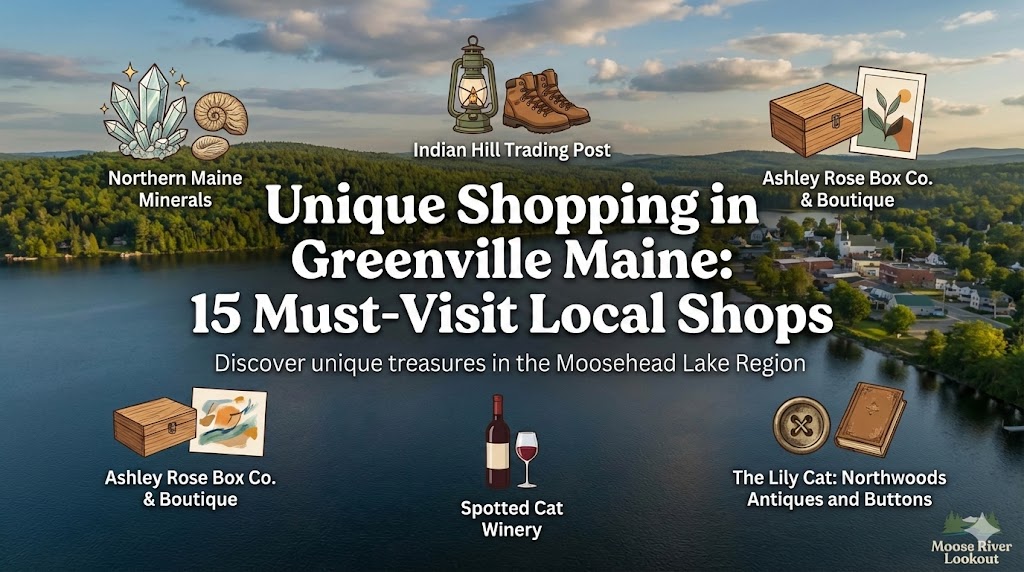 Unique Shopping in Greenville Maine marketing graphic featuring Moosehead Lake scenery with the title 15 Must-Visit Local Shops and icons representing crystals, outdoor gear, and wine.