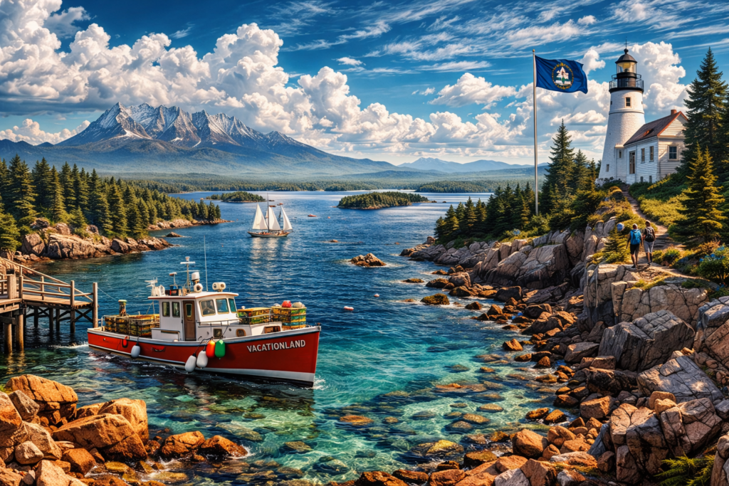 Panoramic Maine summer coastal scene with lobster boat Vacationland, lighthouse with Maine state flag, sailboat among forest islands, rocky coastline, and Mount Katahdin rising above the North Woods.