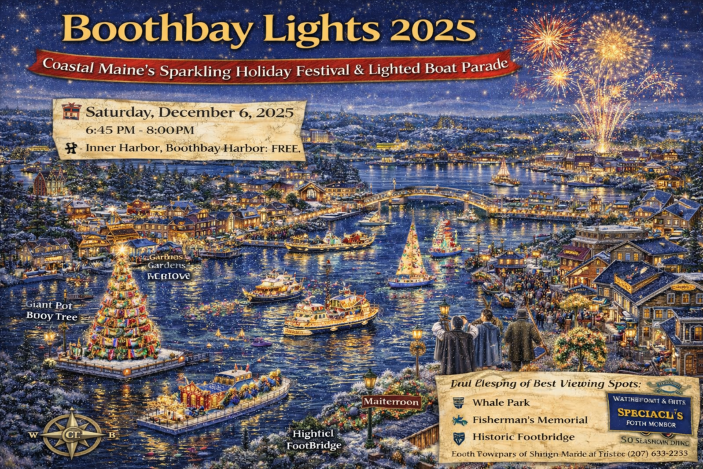 Boothbay Lights 2025 in Boothbay Harbor Maine featuring lighted boat parade in the inner harbor, Giant Pot Buoy Tree, fireworks, and festive downtown waterfront.