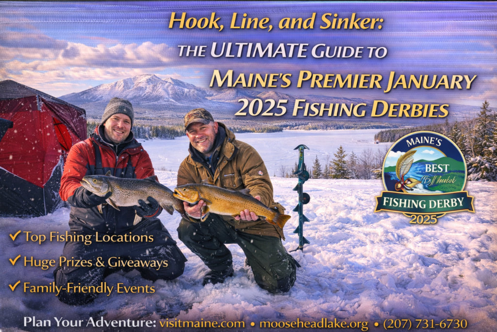 Ice fishermen set up shelters and tip-ups on a frozen Maine lake during a January fishing derby, surrounded by snow, pine trees, and winter gear.