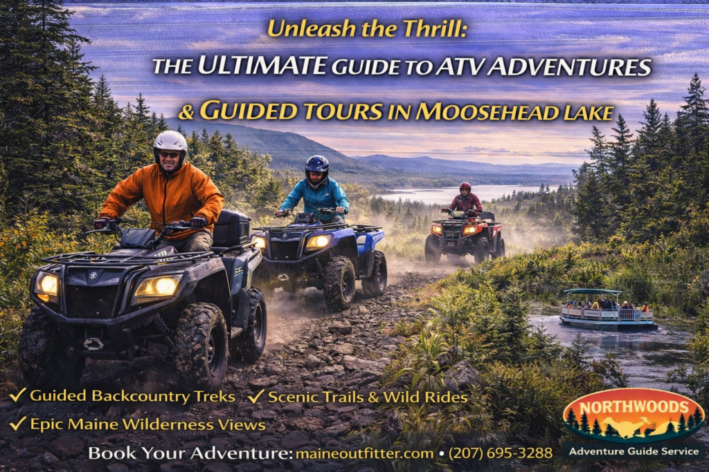 ATV rider navigating a forest trail near Moosehead Lake, Maine with mountain views and dense pine trees during a guided Northwoods adventure.