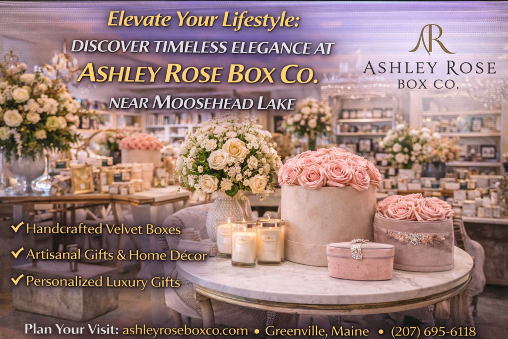 Ashley Rose Box Co boutique in Greenville Maine featuring handcrafted velvet gift boxes, candles, and luxury home décor near Moosehead Lake