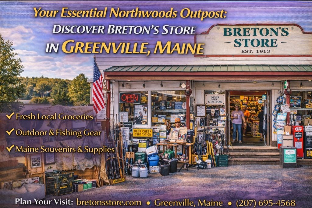 Breton’s Store in Greenville, Maine, a historic general store near Moosehead Lake offering groceries, outdoor supplies, local goods, and everyday essentials.