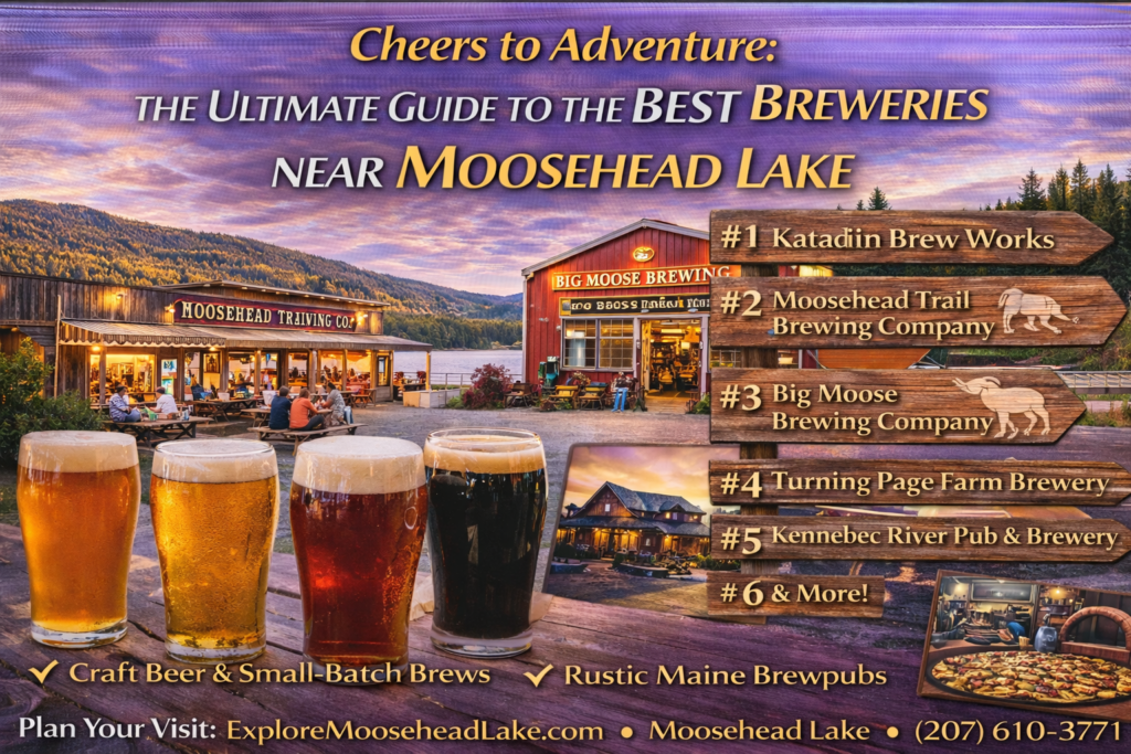 Craft beer flight and pints at local breweries near Moosehead Lake in Maine Highlands, with rustic taprooms and mountain scenery.