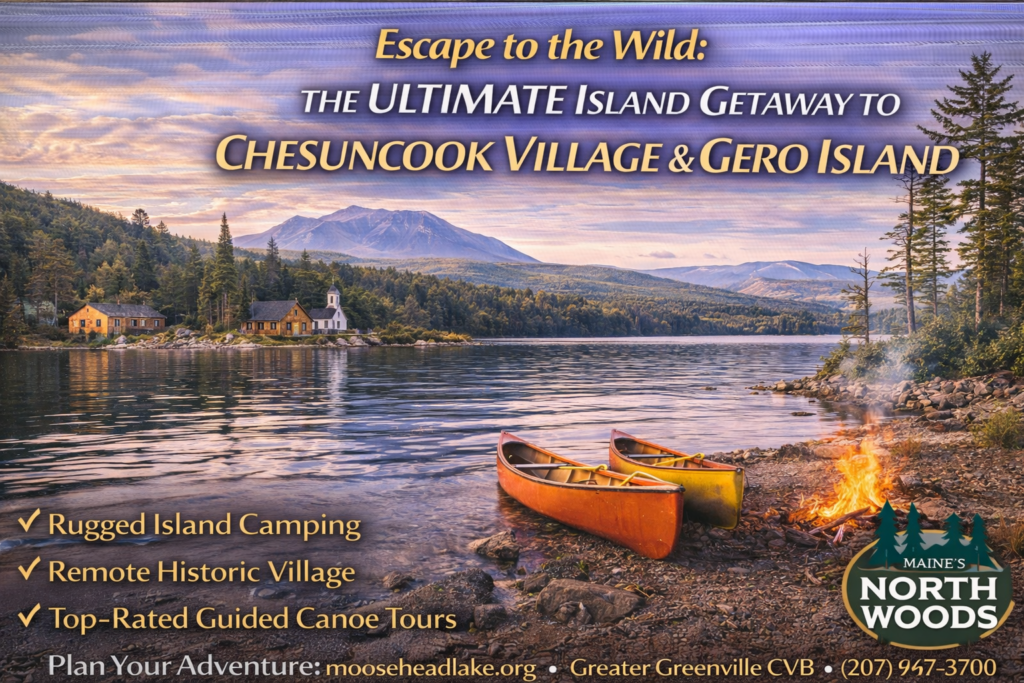 Remote island camping and historic Chesuncook Village on Chesuncook Lake in Maine’s North Woods, surrounded by wilderness, forested shoreline, and calm water.