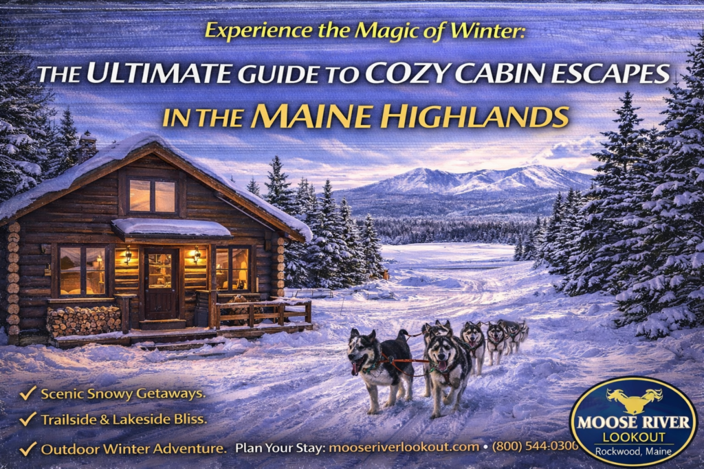 Cozy winter cabin nestled in the Maine Highlands with snow-covered pine trees, a frozen river, and warm cabin lights glowing at sunset near Moosehead Lake.