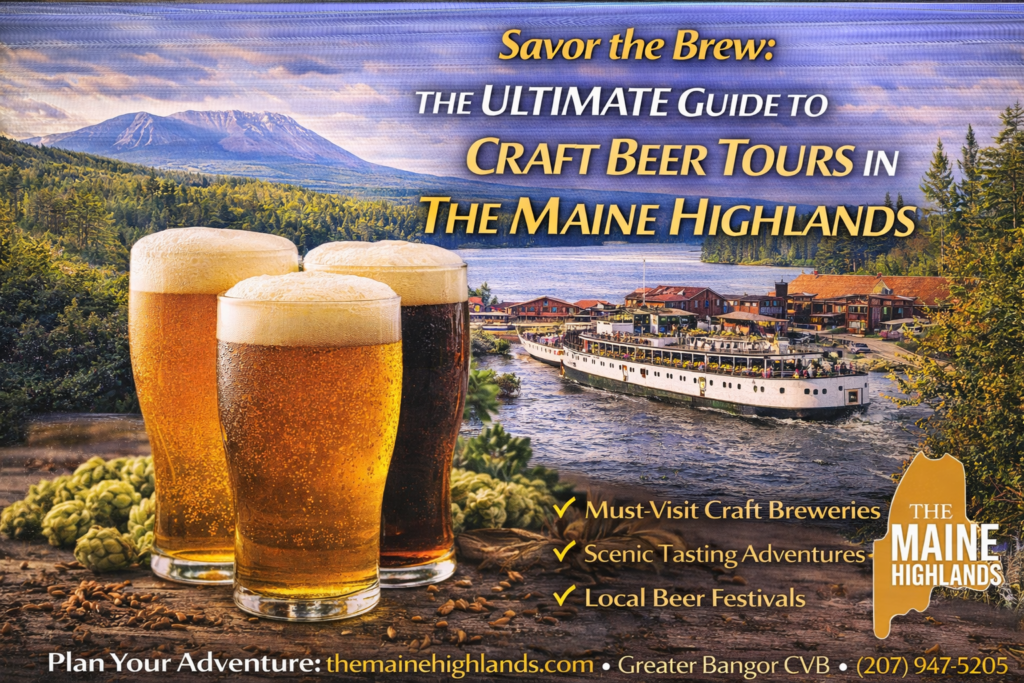 Craft beer tasting in the Maine Highlands featuring scenic mountain views, local breweries, and fresh Maine beer in a rustic outdoor setting.