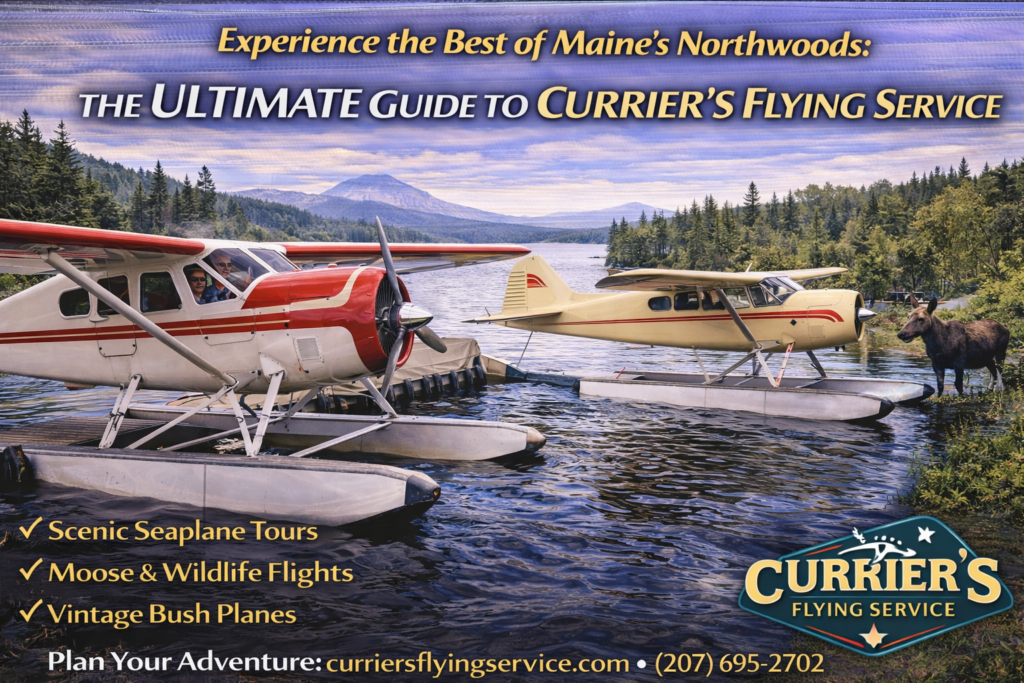 Vintage bush plane flying over Moosehead Lake in Greenville Maine with Mount Kineo and the Northwoods wilderness below during a scenic aerial tour