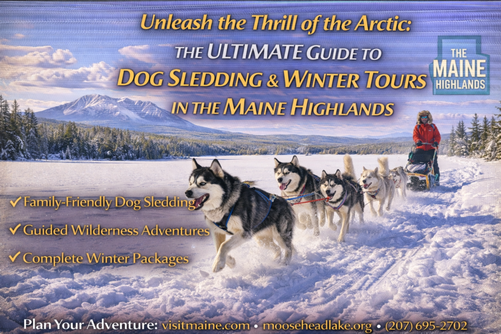 Dog sledding adventure in the Maine Highlands with huskies pulling a sled across a snow-covered forest trail under a clear winter sky