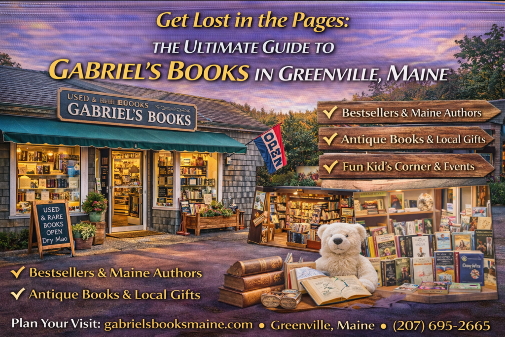 Interior of Gabriel’s Books in Greenville, Maine featuring cozy shelves of books, local Maine authors, journals, and gifts near Moosehead Lake.
