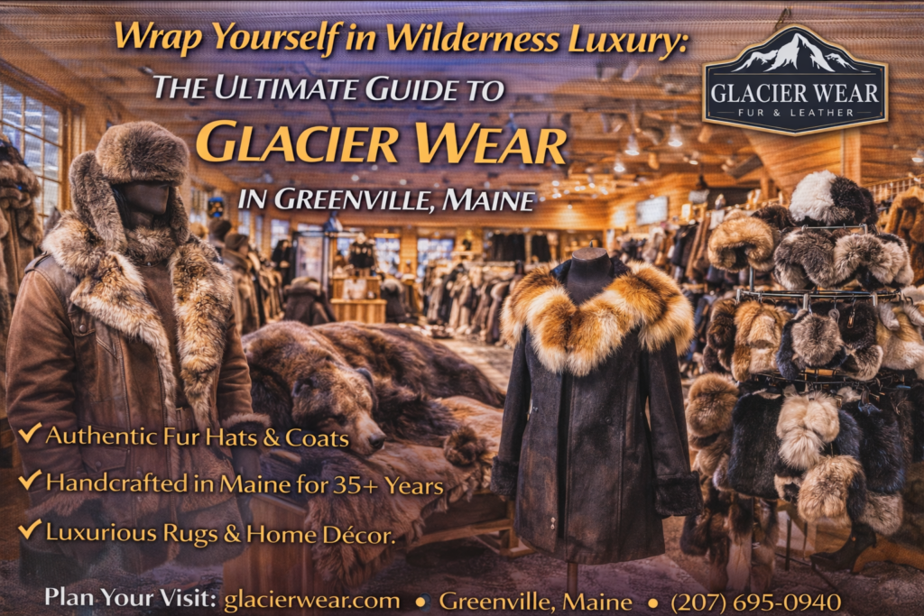 Glacier Wear showroom in Greenville Maine featuring handcrafted fur hats, leather outerwear, and luxury winter accessories in a North Woods setting