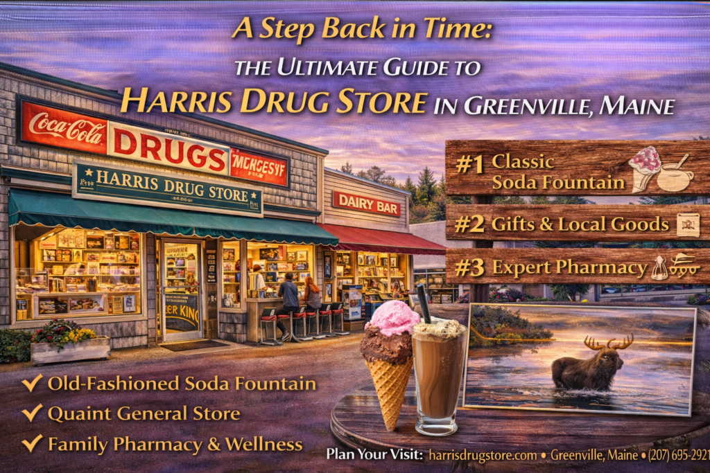 Historic Harris Drug Store in downtown Greenville, Maine, featuring a classic soda fountain, pharmacy, and local gifts near Moosehead Lake.