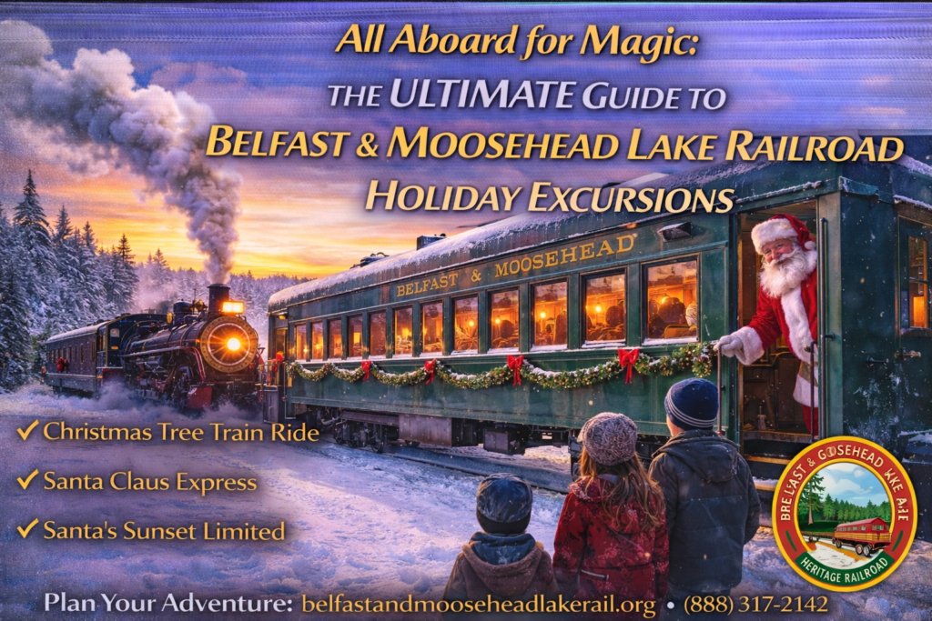 Historic Belfast & Moosehead Lake Railroad holiday train decorated for Christmas, carrying families through snowy Maine countryside during a festive winter excursion.