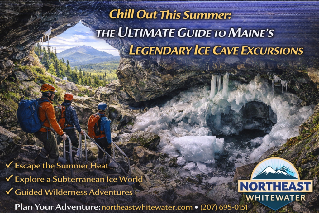 Exploring Maine’s ice caves near Mount Katahdin with year-round ice formations, mossy boulders, and adventurous hikers in the North Woods.