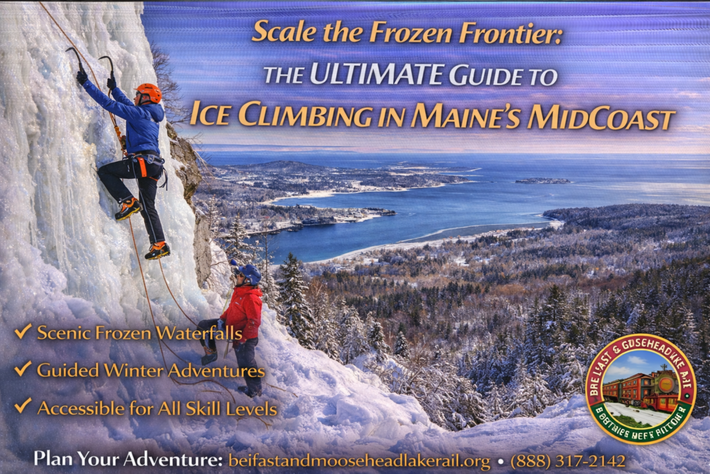 Ice climber ascending a frozen waterfall in the Camden Hills of Maine during winter, showcasing MidCoast ice climbing adventure