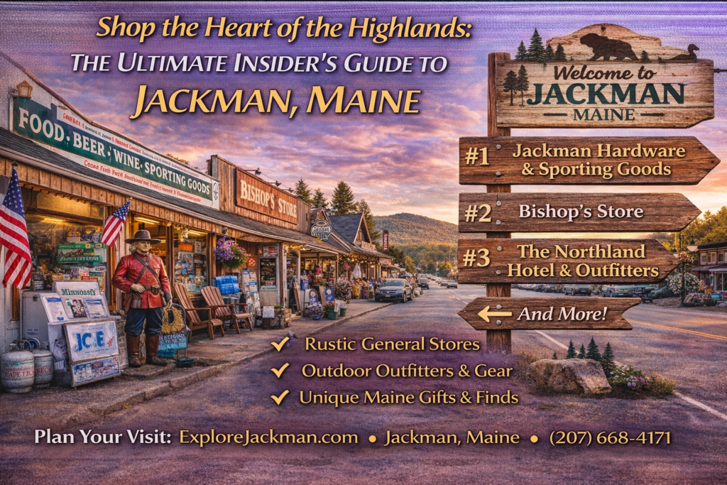 Historic Main Street in Jackman, Maine with local general stores and outfitters surrounded by forested Maine Highlands scenery