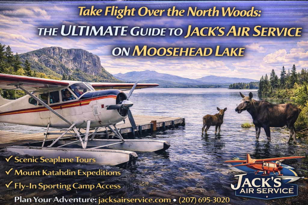 Seaplane flying over Moosehead Lake in Greenville, Maine, with Mount Kineo and the North Woods visible below during a scenic flight.