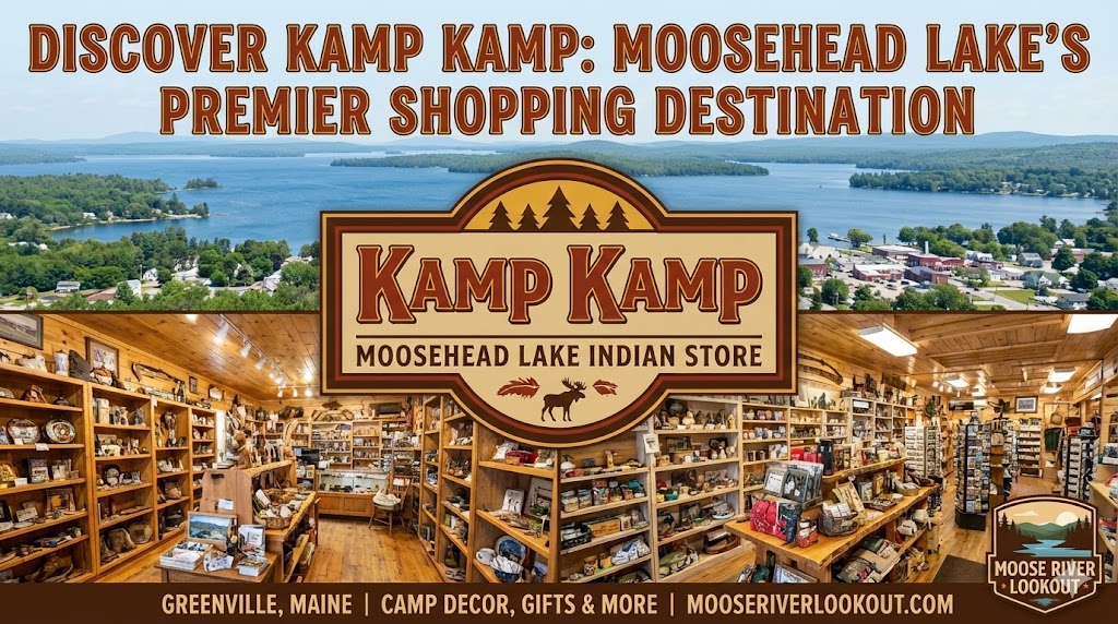Kamp Kamp, the Moosehead Lake Indian Store. The top half features an aerial panoramic view of downtown Greenville, Maine, and Moosehead Lake. The bottom half displays the interior of the store, filled with rustic wooden shelves showcasing eclectic artifacts, collectibles, and Native American crafts. A central logo reads "Kamp Kamp - Moosehead Lake Indian Store," and the bottom banner includes "GREENVILLE, MAINE | CAMP DECOR, GIFTS & MORE | MOOSERIVERLOOKOUT.COM".