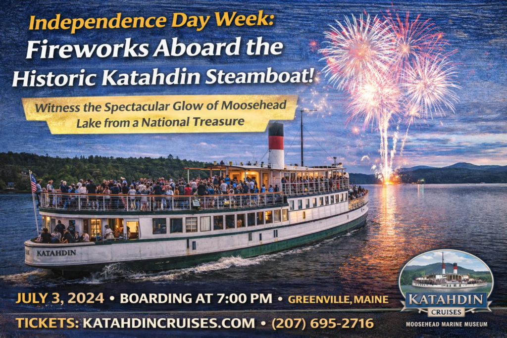 Fireworks lighting up the night sky over Moosehead Lake as passengers watch from the historic Steamboat Katahdin during the Fourth of July cruise in Greenville, Maine.