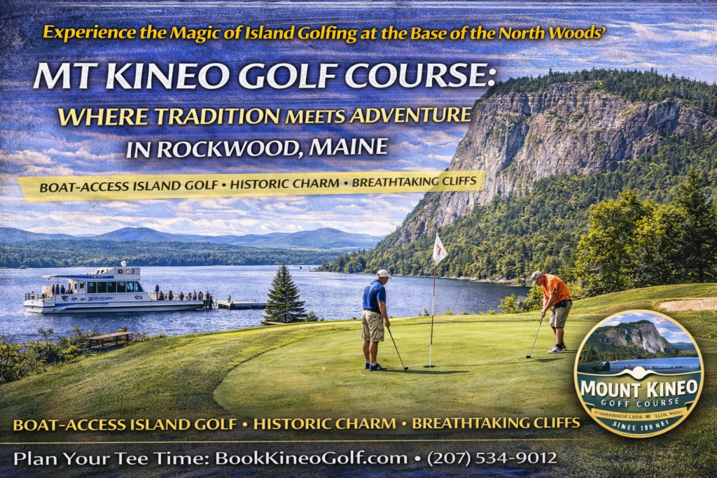 Historic Mt. Kineo Golf Course on Moosehead Lake in Rockwood Maine with golfers playing beside dramatic Mount Kineo cliffs and panoramic lake views on a sunny day